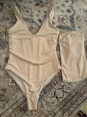Ribbed V-Neck One-Piece Swimsuit in Light Beige with cover up wrap